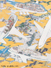 Obra de Akira Yamaguchi que mostra grandes aeronaves sobrevoando o Aeroporto de Narita envolvidas por uma mistura de nuves douradas e fumaa txica, em referncia aos graves efeitos da poluio agravada pela industrializao japonesa. <br/> Palavras-chave: Akira Yamaguchi, Aeroposto Internacional de Narita: vrias cenas curiosas de avies, pintura. 