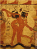 Imagem de detalhe da pintura mural do tmulo de Nebamun que mostra danarinas e uma instrumentista. <br/> Palavras-chave: Egito, egiptologia, dana, danarinas, Tumba de Nebamum, pintura mural, instrumentista